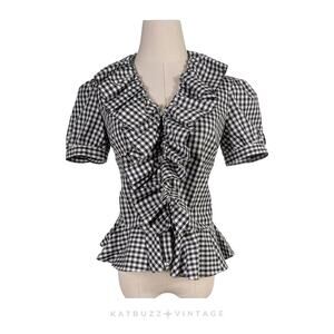 Lauren Ralph Lauren Top S Black White Gingham Vintage Y2K Ruffle Picnic Cottage